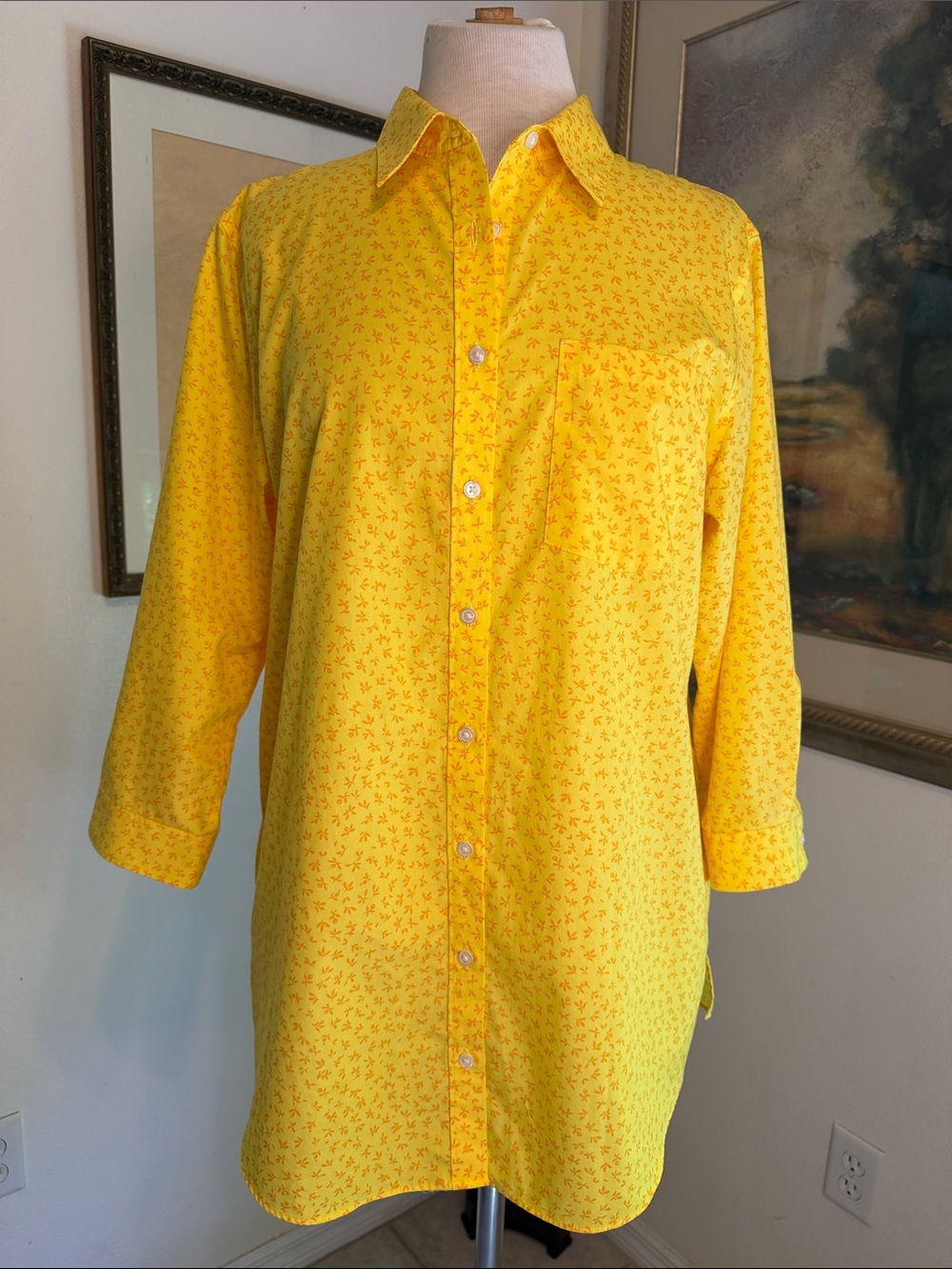 LANDS’ END Yellow Floral Button-Down Shirt w/Orange Floral Pattern Size 12